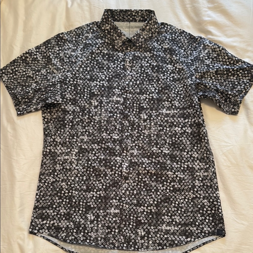 Lululemon Men's Black and White Floral Collared Dress Shirt